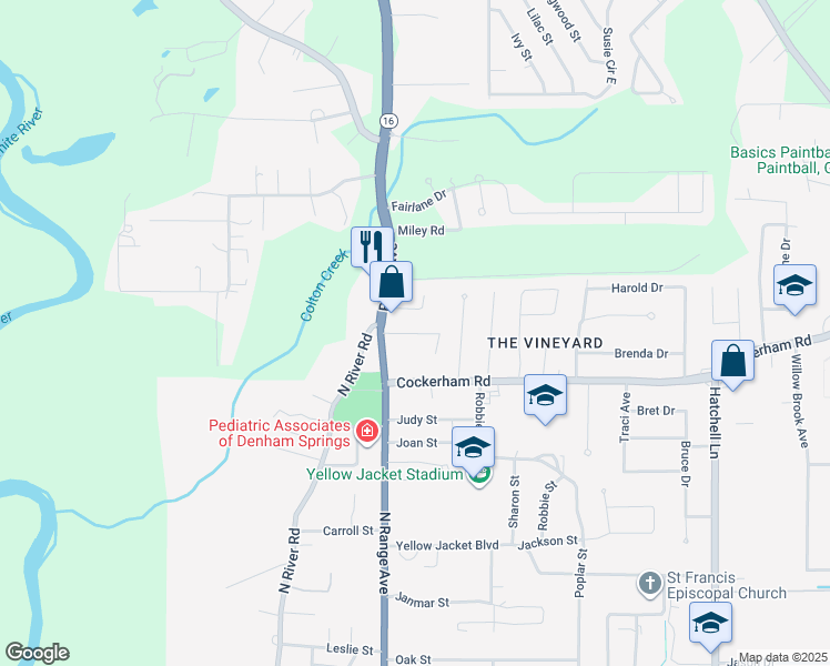 map of restaurants, bars, coffee shops, grocery stores, and more near 30600 Louisiana 16 in Denham Springs