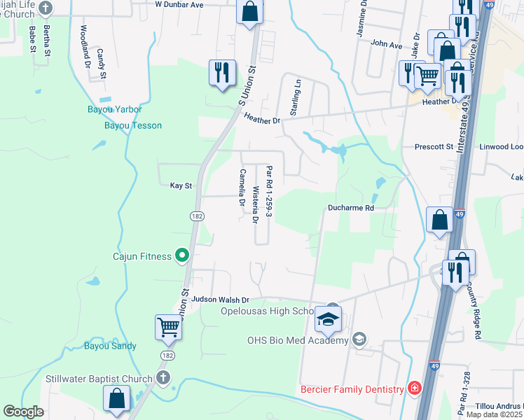 map of restaurants, bars, coffee shops, grocery stores, and more near Par Road 1-259-4 in Opelousas