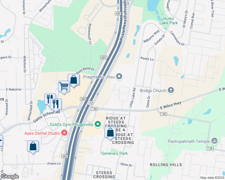 map of restaurants, bars, coffee shops, grocery stores, and more near 2687 Farm to Market 685 in Hutto