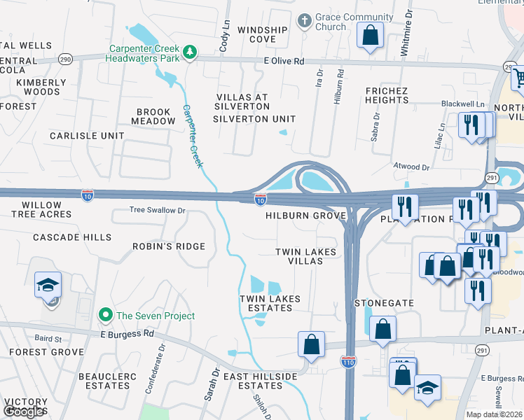 map of restaurants, bars, coffee shops, grocery stores, and more near 7200 Hilburn Road in Pensacola