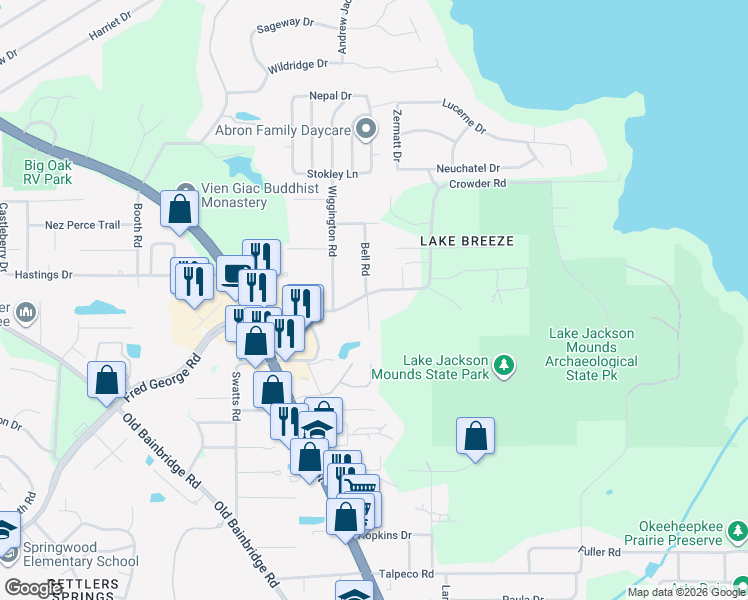 map of restaurants, bars, coffee shops, grocery stores, and more near 3705 Bellwood Drive in Tallahassee