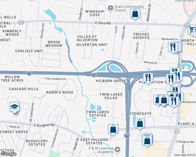 map of restaurants, bars, coffee shops, grocery stores, and more near 7200 Hilburn Road in Pensacola
