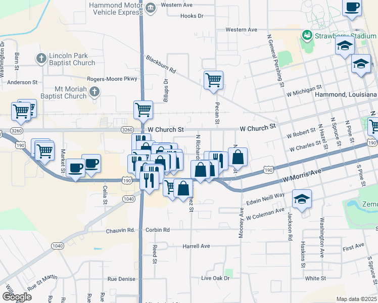 map of restaurants, bars, coffee shops, grocery stores, and more near 3 Rosewood Place in Hammond