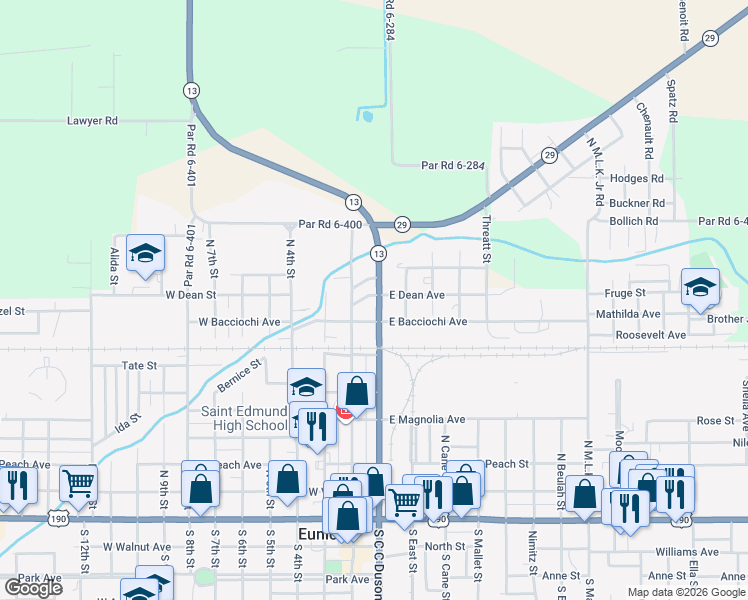 map of restaurants, bars, coffee shops, grocery stores, and more near 951 North C C Duson Street in Eunice