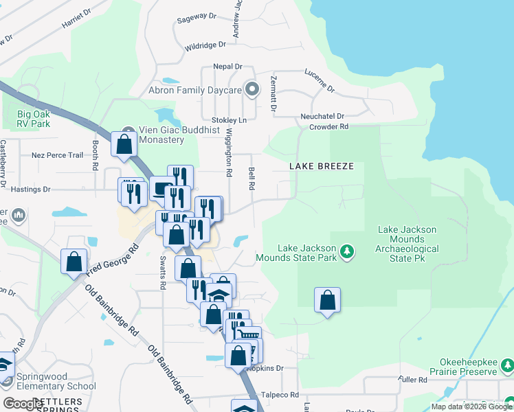 map of restaurants, bars, coffee shops, grocery stores, and more near 3705 Bellwood Drive in Tallahassee