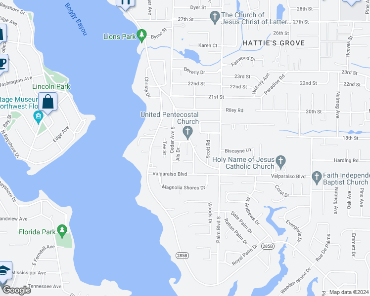 map of restaurants, bars, coffee shops, grocery stores, and more near 1309 Dogwood Avenue in Niceville