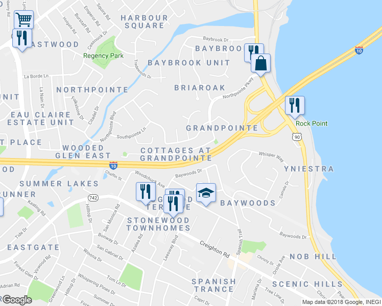 map of restaurants, bars, coffee shops, grocery stores, and more near 4100 Baywoods Drive in Pensacola