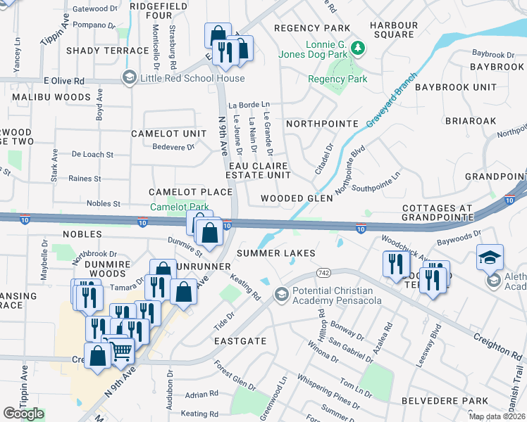 map of restaurants, bars, coffee shops, grocery stores, and more near 4235 Chezarae Drive in Pensacola