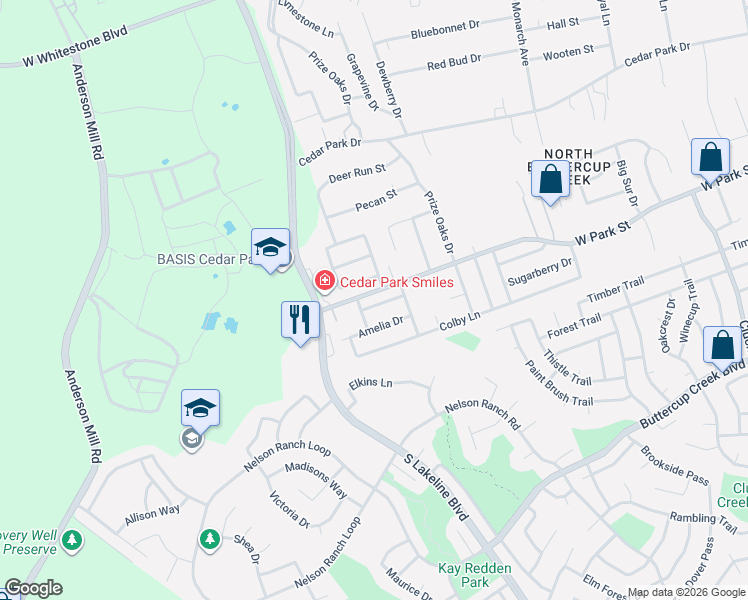 map of restaurants, bars, coffee shops, grocery stores, and more near 1510 Foster Drive in Cedar Park