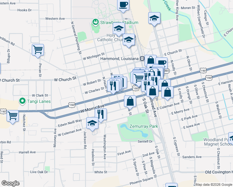 map of restaurants, bars, coffee shops, grocery stores, and more near 406 West Morris Avenue in Hammond