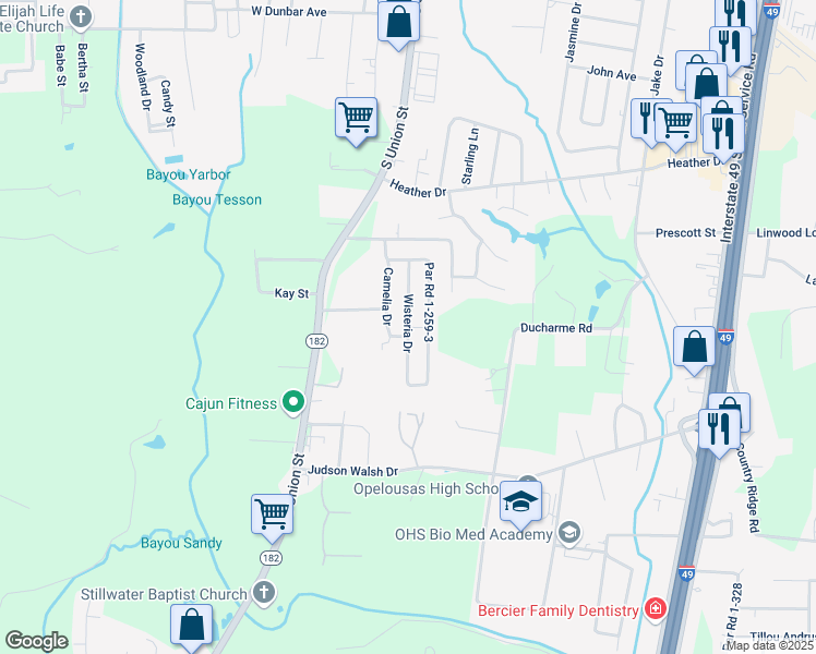 map of restaurants, bars, coffee shops, grocery stores, and more near Wisteria Drive in Opelousas