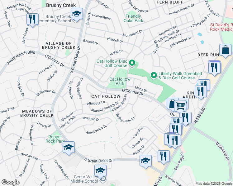 map of restaurants, bars, coffee shops, grocery stores, and more near 16703 Fasher Cove in Round Rock