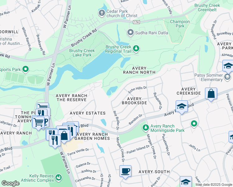 map of restaurants, bars, coffee shops, grocery stores, and more near 10513 Roy Butler Drive in Austin
