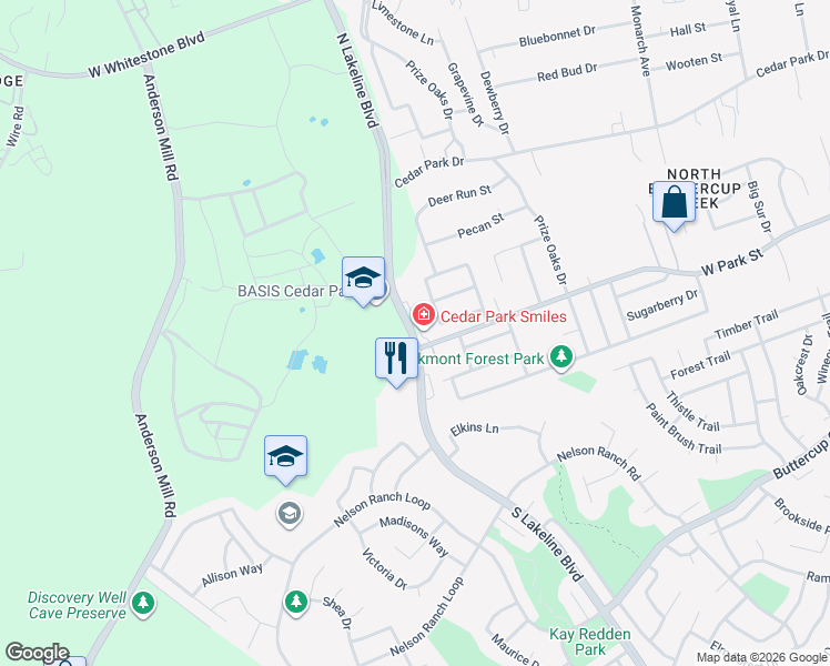 map of restaurants, bars, coffee shops, grocery stores, and more near 45 South Lakeline Boulevard in Cedar Park