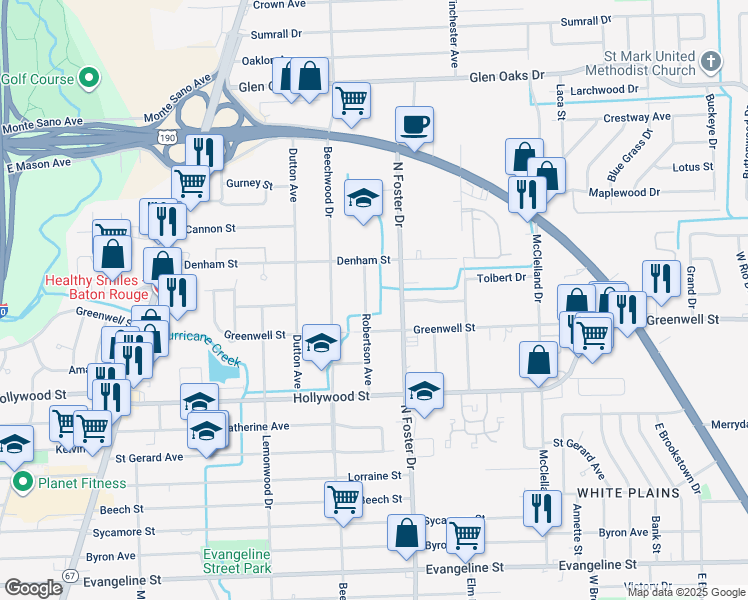 map of restaurants, bars, coffee shops, grocery stores, and more near 5719 Robertson Avenue in Baton Rouge