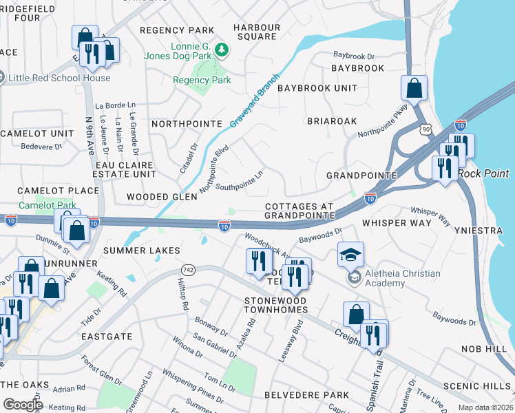 map of restaurants, bars, coffee shops, grocery stores, and more near 130 Wildflower Lane in Pensacola
