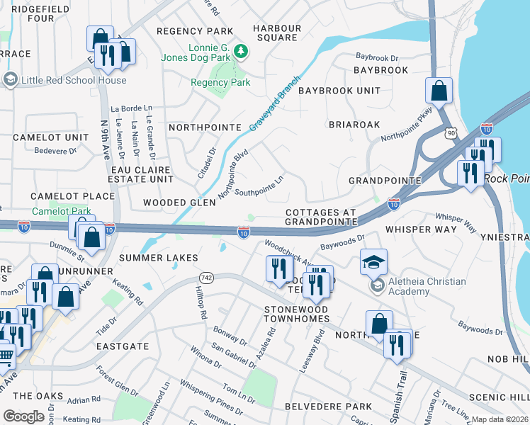 map of restaurants, bars, coffee shops, grocery stores, and more near 116 Wildflower Lane in Pensacola
