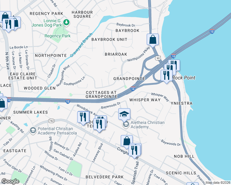 map of restaurants, bars, coffee shops, grocery stores, and more near 4100 Baywoods Drive in Pensacola