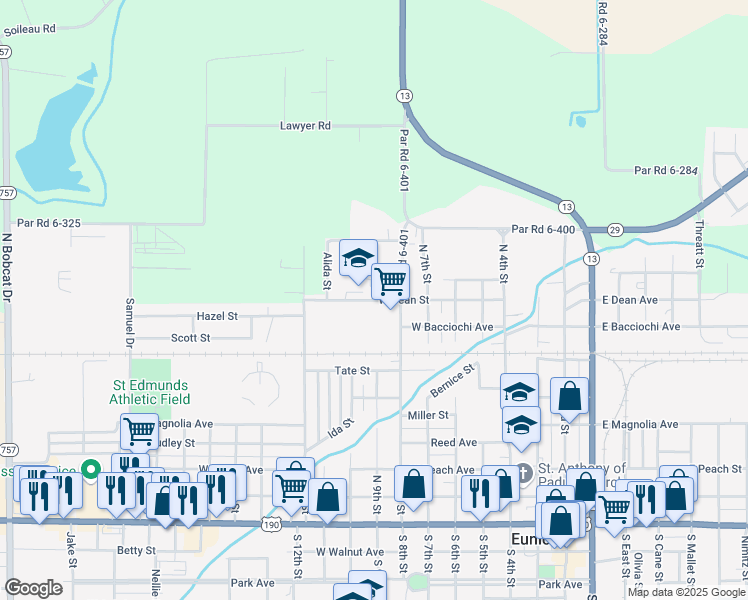 map of restaurants, bars, coffee shops, grocery stores, and more near 900 West Dean Avenue in Eunice
