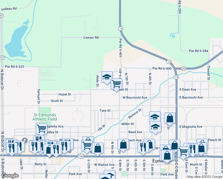map of restaurants, bars, coffee shops, grocery stores, and more near 900 West Dean Avenue in Eunice