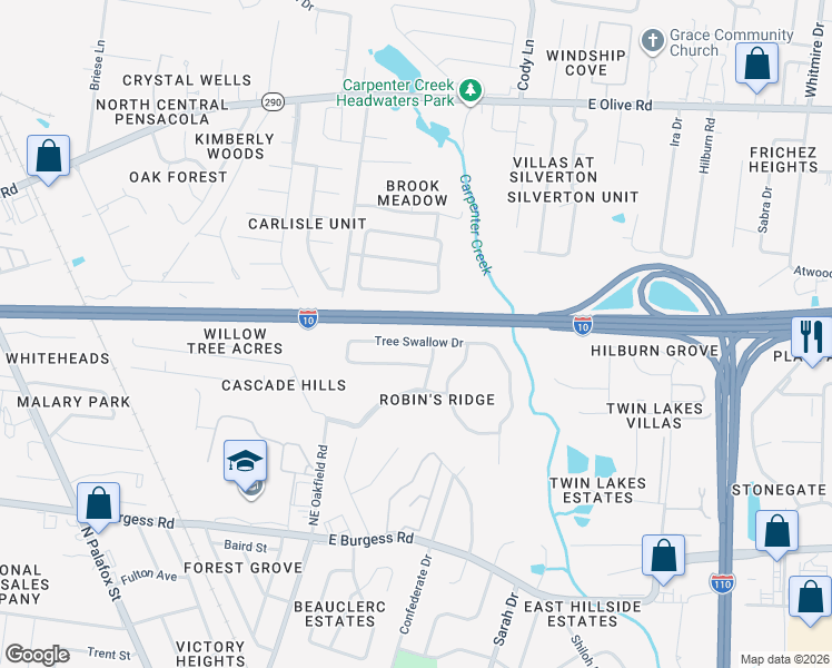 map of restaurants, bars, coffee shops, grocery stores, and more near 200 Tree Swallow Drive in Pensacola