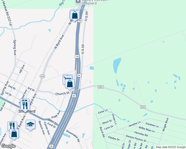 map of restaurants, bars, coffee shops, grocery stores, and more near 197 Farm to Market 223 in Shepherd