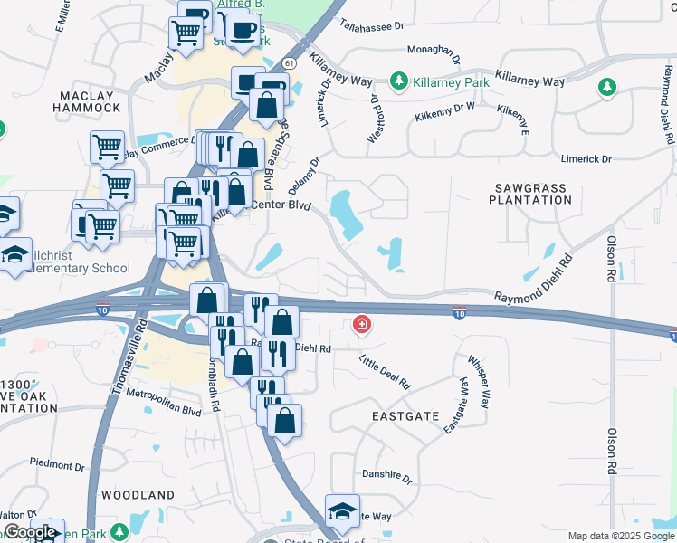 map of restaurants, bars, coffee shops, grocery stores, and more near 2305 Killearn Center Boulevard in Tallahassee