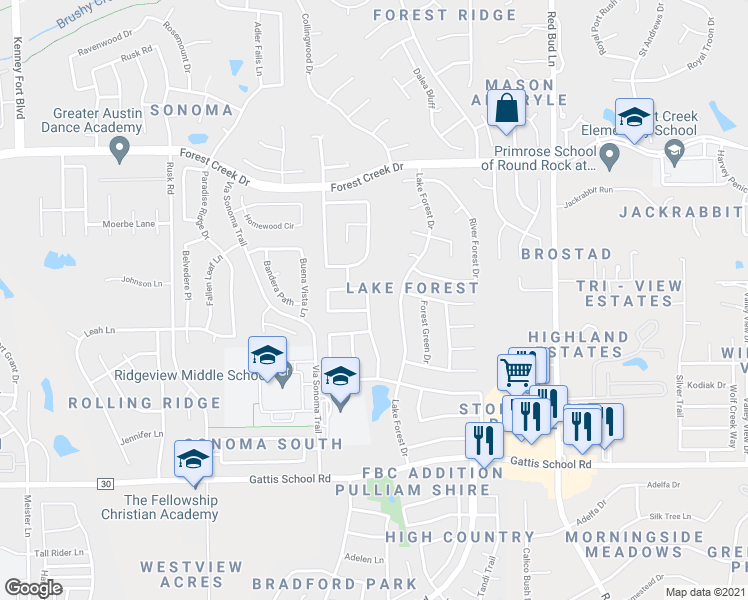 map of restaurants, bars, coffee shops, grocery stores, and more near 2631 Deep River Circle in Round Rock