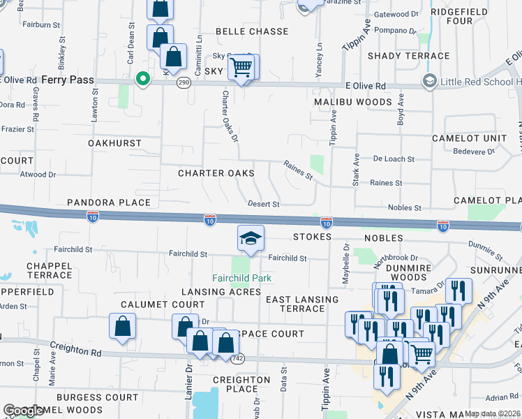 map of restaurants, bars, coffee shops, grocery stores, and more near 7663 Charter Oaks Drive in Pensacola
