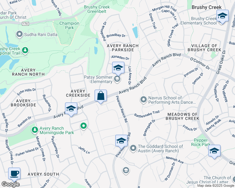 map of restaurants, bars, coffee shops, grocery stores, and more near 16200 Avery Ranch Boulevard in Austin