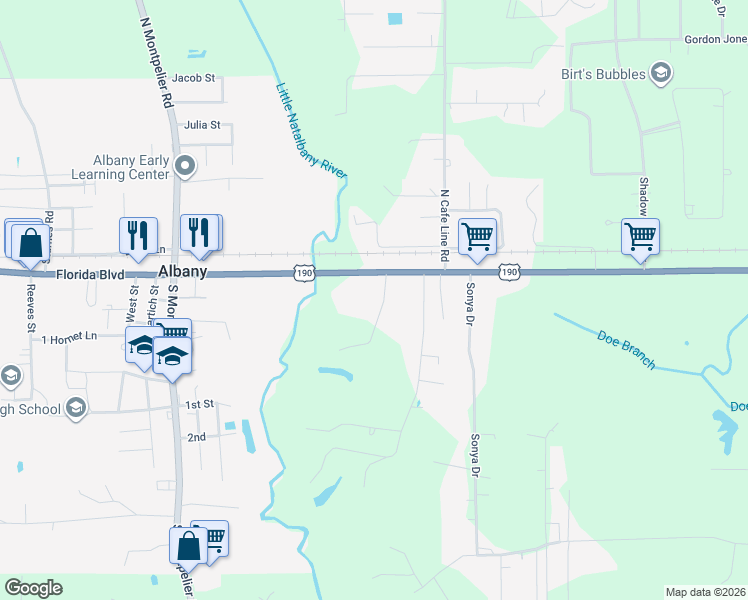map of restaurants, bars, coffee shops, grocery stores, and more near 19320 Florida Boulevard in Albany