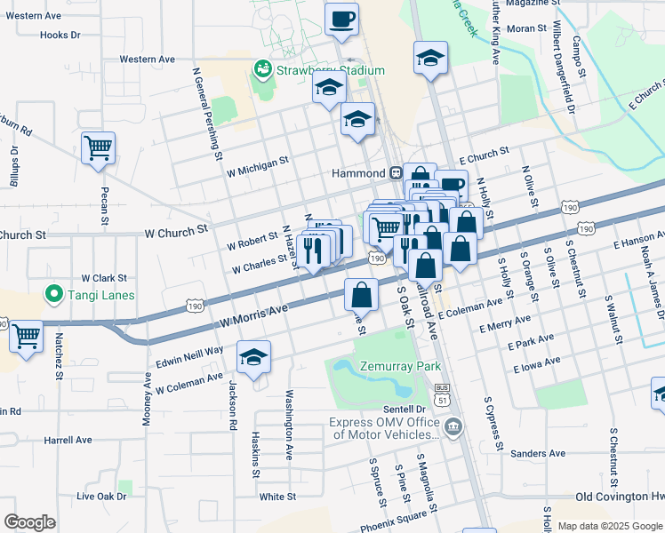 map of restaurants, bars, coffee shops, grocery stores, and more near 111 North Pine Street in Hammond