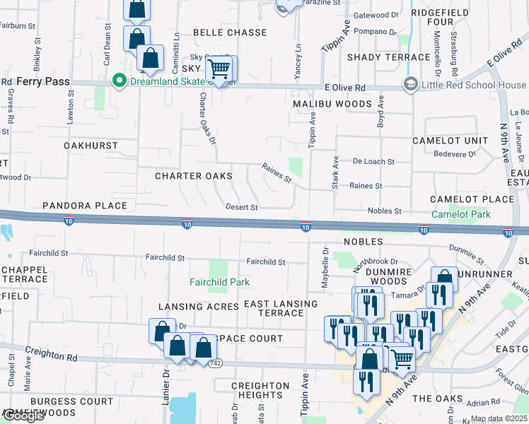 map of restaurants, bars, coffee shops, grocery stores, and more near 3213 Desert Street in Pensacola