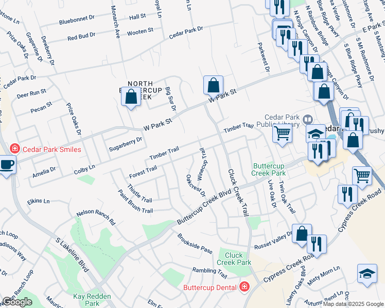 map of restaurants, bars, coffee shops, grocery stores, and more near Forest Trail in Cedar Park