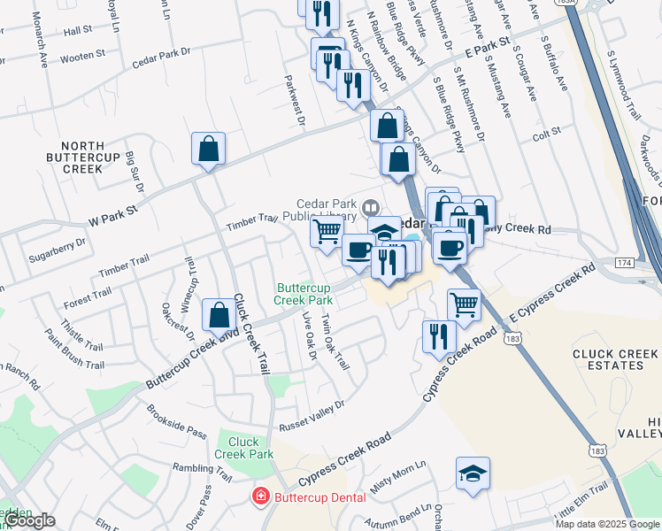 map of restaurants, bars, coffee shops, grocery stores, and more near 403 Buttercup Creek Boulevard in Cedar Park