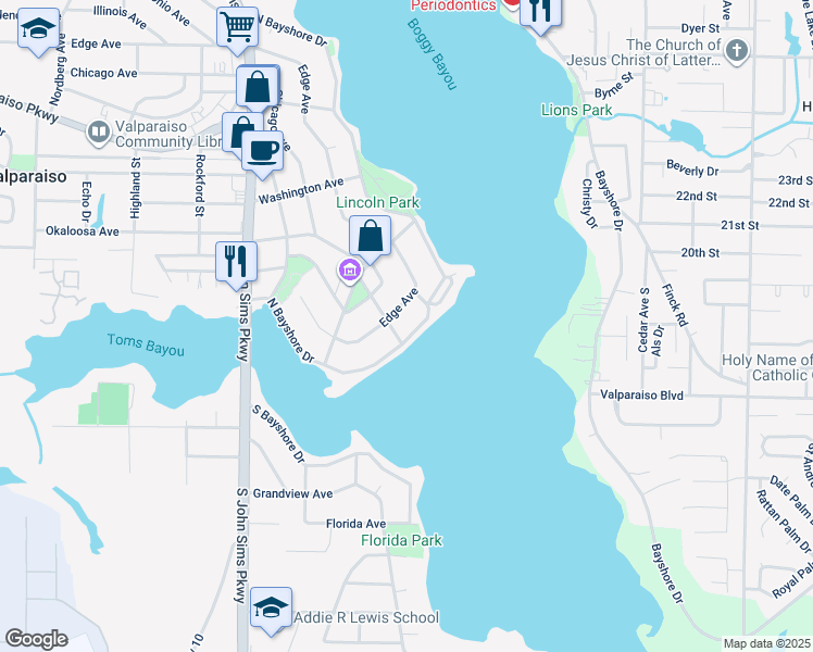 map of restaurants, bars, coffee shops, grocery stores, and more near 1181 North Bayshore Drive in Valparaiso