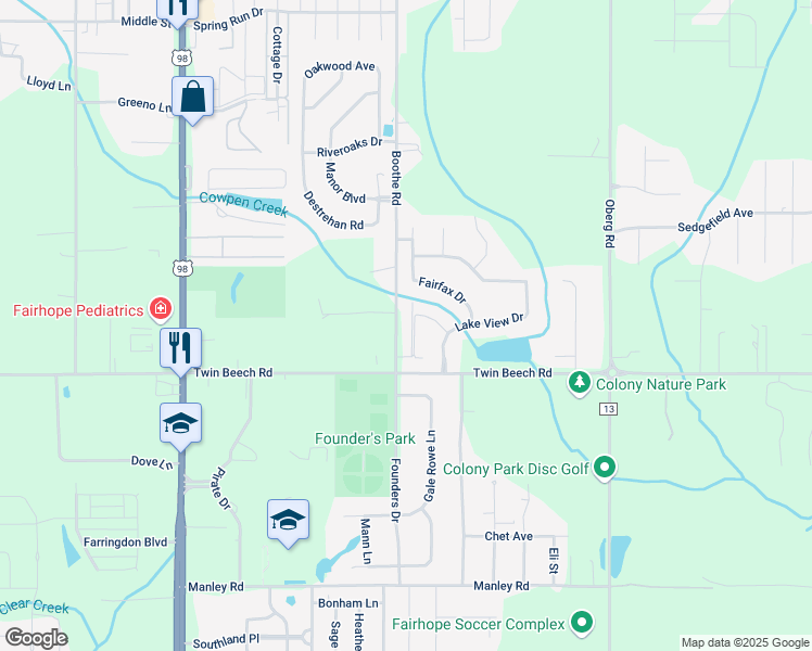 map of restaurants, bars, coffee shops, grocery stores, and more near 655 C Norman Lane in Fairhope