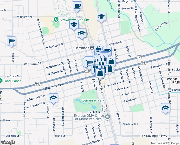 map of restaurants, bars, coffee shops, grocery stores, and more near 112 West Thomas Street in Hammond