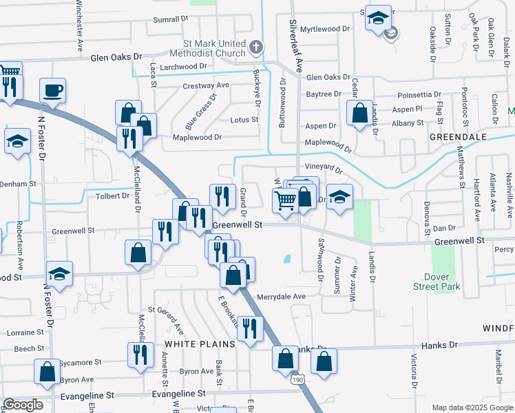 map of restaurants, bars, coffee shops, grocery stores, and more near 5835 East Grand Court in Baton Rouge