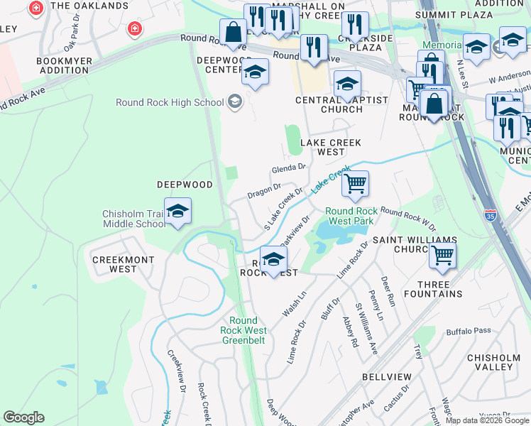 map of restaurants, bars, coffee shops, grocery stores, and more near 402 South Lake Creek Drive in Round Rock
