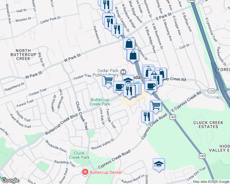map of restaurants, bars, coffee shops, grocery stores, and more near 401 Buttercup Creek Boulevard in Cedar Park