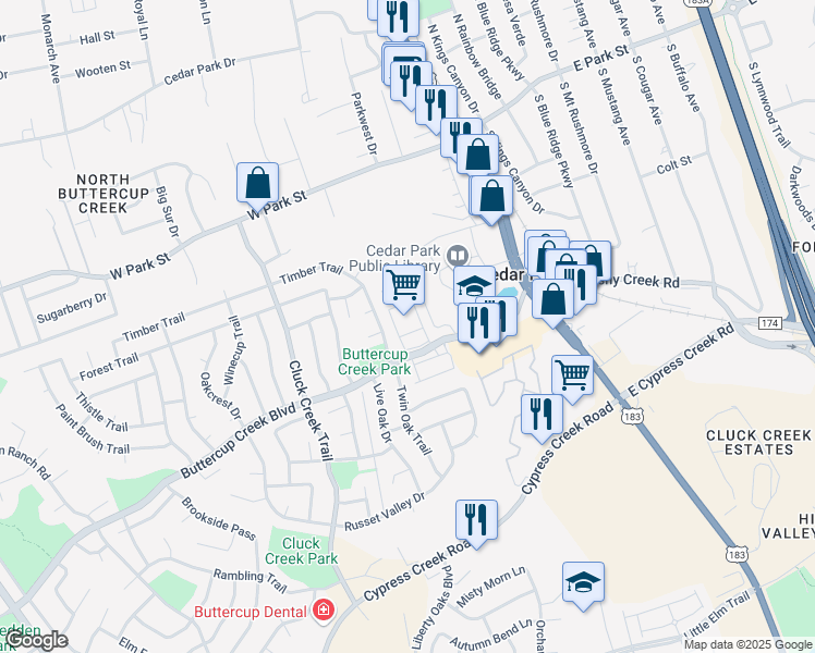 map of restaurants, bars, coffee shops, grocery stores, and more near 402 Twin Oak Trail in Cedar Park