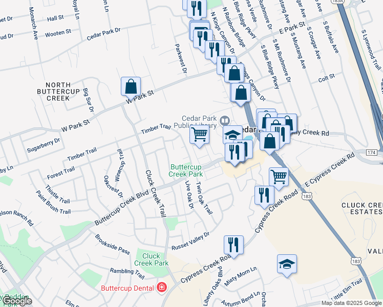 map of restaurants, bars, coffee shops, grocery stores, and more near 402 Twin Oak Trail in Cedar Park