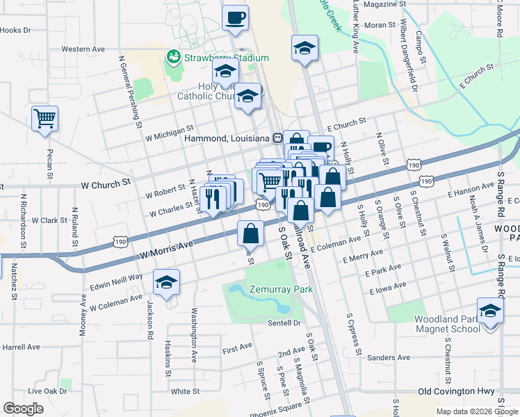map of restaurants, bars, coffee shops, grocery stores, and more near 106 North Magnolia Street in Hammond