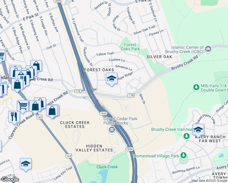 map of restaurants, bars, coffee shops, grocery stores, and more near 1001 Brushy Creek Road in Cedar Park