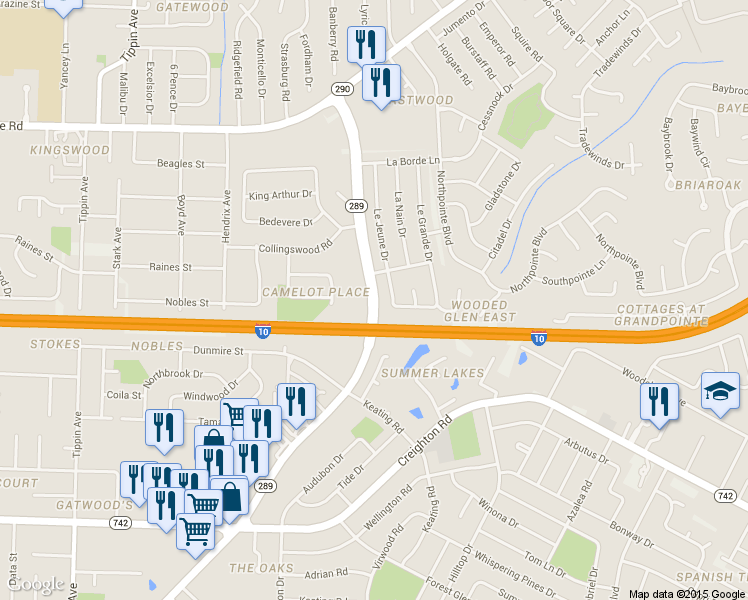 map of restaurants, bars, coffee shops, grocery stores, and more near 7670 Le Jeune Drive in Pensacola