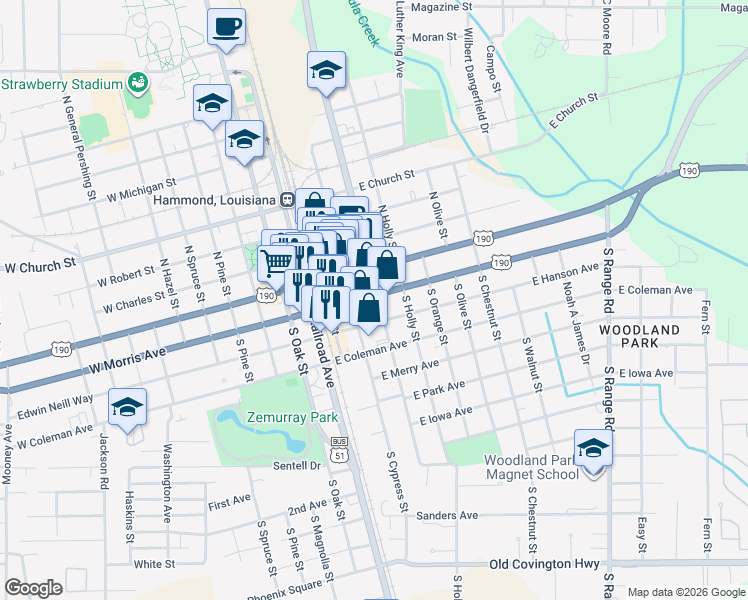map of restaurants, bars, coffee shops, grocery stores, and more near 109 1/2 South Cypress Street in Hammond