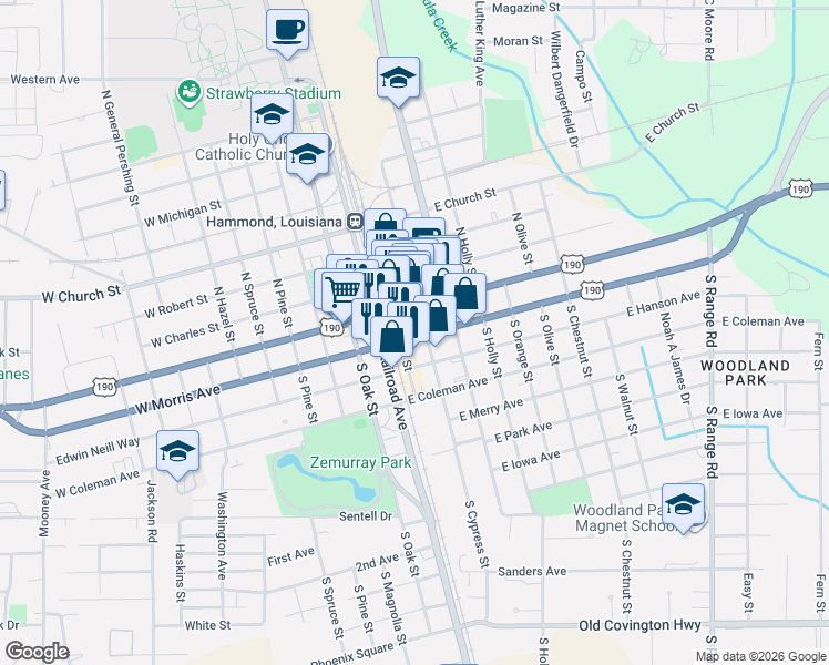map of restaurants, bars, coffee shops, grocery stores, and more near in Hammond
