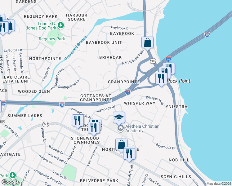 map of restaurants, bars, coffee shops, grocery stores, and more near 4381 Grandpointe Place in Pensacola