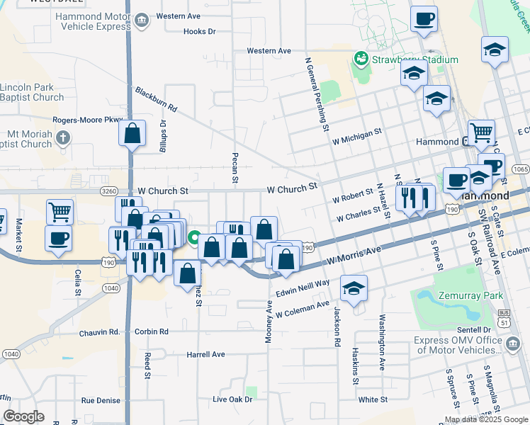 map of restaurants, bars, coffee shops, grocery stores, and more near 216 North Ruland Street in Hammond